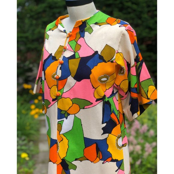 Vintage 60s/70s Psychedelic Floral Citrus Fruit Flower Power Hostess Maxi Dress - Picture 11 of 16